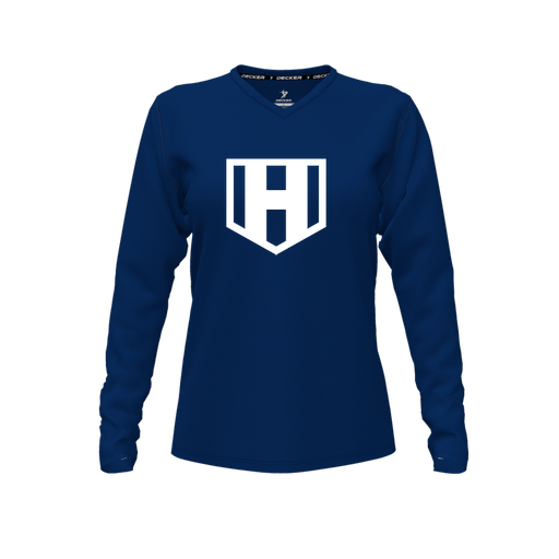 [CUS-DFW-TEES-PER-VNK-LSL-NVY-FYXS-LOGO2] Performance T-Shirt (Female Youth XS, Navy, V Neck, Logo 2, Long Sleeve)