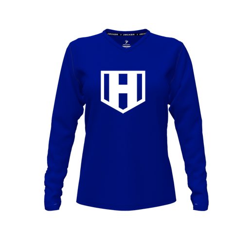 [CUS-DFW-TEES-PER-VNK-LSL-RYL-FYXS-LOGO2] Performance T-Shirt (Female Youth XS, Royal, V Neck, Logo 2, Long Sleeve)
